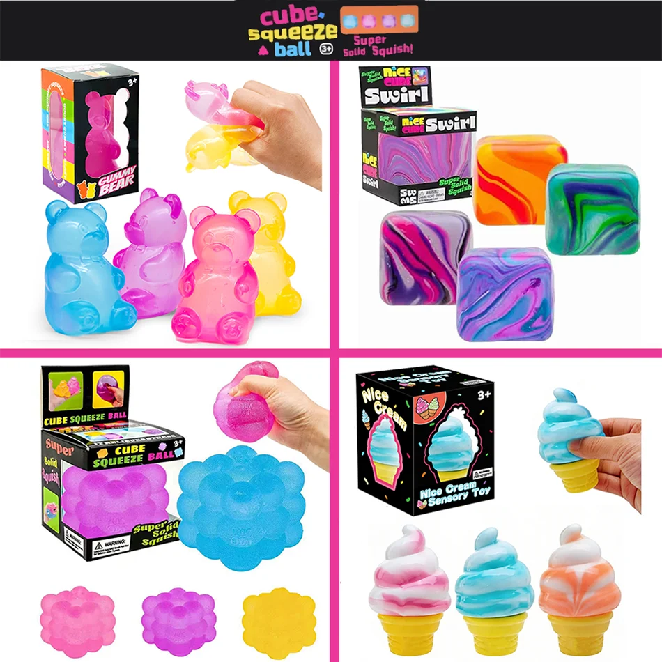 Colorful Cube Squishes Stress Balls Fidget Sensory Toys Simulation Ice Cream Squishies Bear Maltose Squeeze Dough Ball Gifts